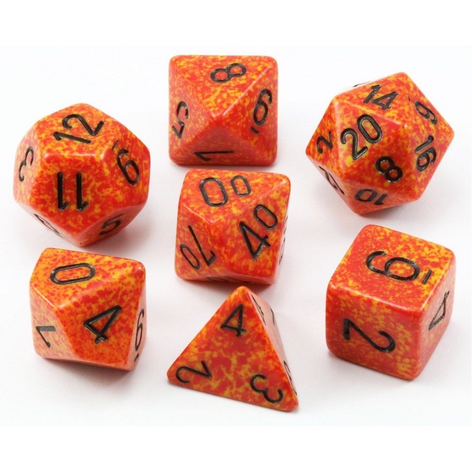 Set 7 Dados Polyhedral Speckled Granito Naranja/ Negro