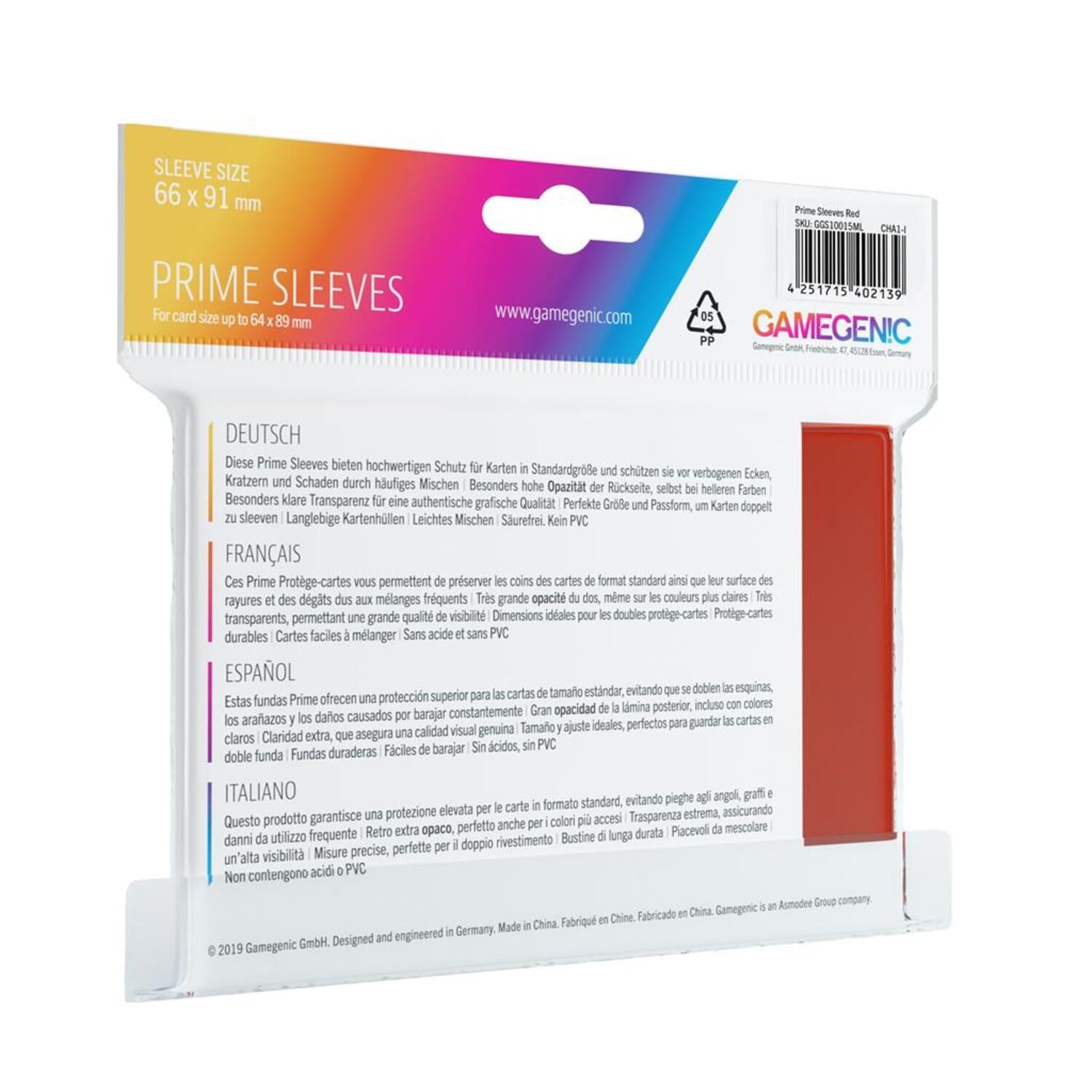 Fundas 66x91 mm - Prime Sleeves x100 - Rojo